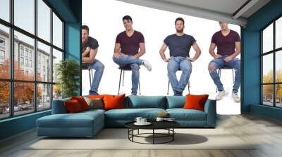 men sitting in various ways in a chair Wall mural