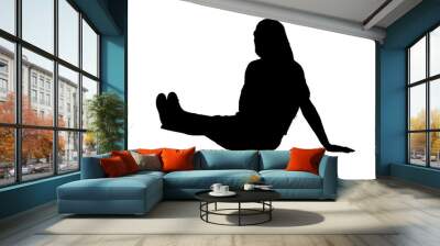 side and back view of a silhouette of young girl  sitting on the floor with Stretched legs on white background Wall mural