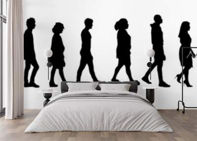 silhouette of a line of group of a people walking on white background Wall mural