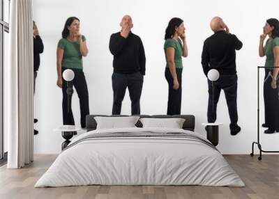 various poses of a group of same woman and same men thinking on white background Wall mural