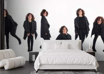 various poses of a happy woman on white background Wall mural