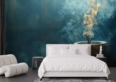 A censer releasing incense on dark background, symbolizing prayers rising to heaven with copy space for all saints' day background banner. Wall mural