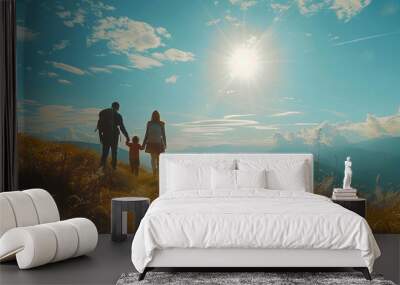 back view happy family in mountain - AI Generated Wall mural