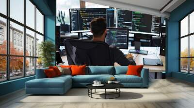 back view software developer in a modern office, sitting at a desk with multiple monitors displaying lines of code. Wall mural