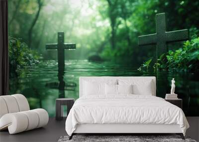 beautiful Christian crosses surrounding the edges of the page, green forest, water. Wall mural