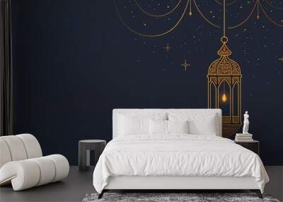 elegant simple islamic background for ramadan with lantern and stars in gold line - AI Generated Wall mural