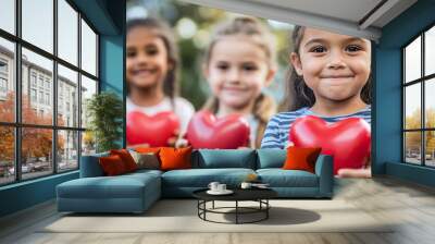 happy smiling little girls looking at the camera holding red heart shape standing in the summer park outdoors  for child health day. Wall mural