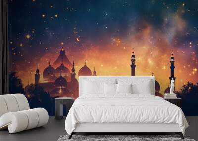 mosque silhouettes and gradient galaxy background for ramadan - AI Generated Abstract Art Wall mural