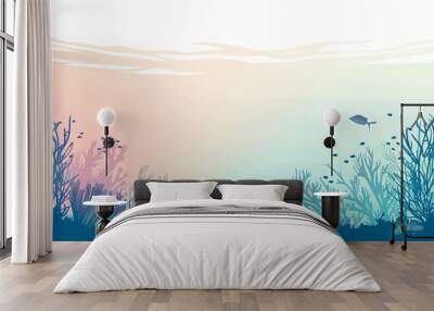 seascape of an underwater coral reef and fishesh on light background with copy space. Wall mural