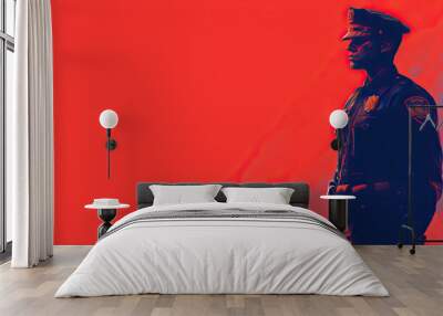 side view silhouette of standing police officer with  blue peaked cap against red background with copy space for International Day of Police Cooperation.  Wall mural