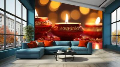 Illuminated Diyas on a Red Surface Wall mural