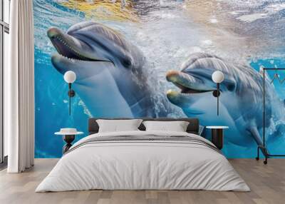 Two Dolphins Swimming in Blue Water Wall mural