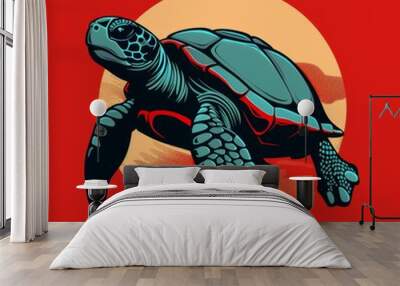 Red Turtle Logo on Flat Vector Red Background Wall mural