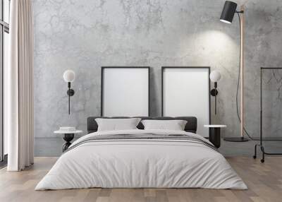 Two Vertical black Frames Mockup standing on gray floor with lamp, 3d rendering Wall mural