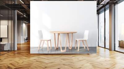 Two Wooden chairs with table in modern interior with white wall and concrete floor. 3d rendering Wall mural