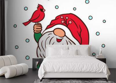 Christmas gnome with cardinal bird. Cute winter illustration. Scandinavian elf Tomte character Little cartoon gnome Xmas doodle. Traditional red green colors. Fun nordic dwarf and Christmas bird. Wall mural