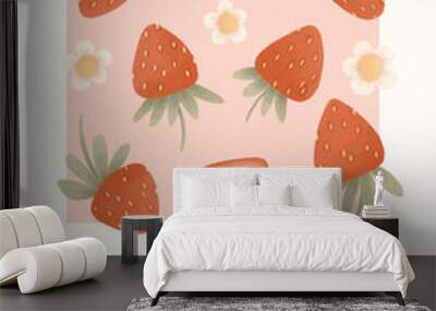 Strawberry, flowers and soft pink vibes poster. Fruit Market. Summer club. Mercado de fruta. La dolce vita. Modern trendy wall print. Aesthetic style groovy vector fruit background illustration Wall mural