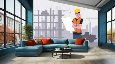 Architect or Engineer on Job Site Holding Construction Plan, Man on Construction Site Illustration. Wall mural