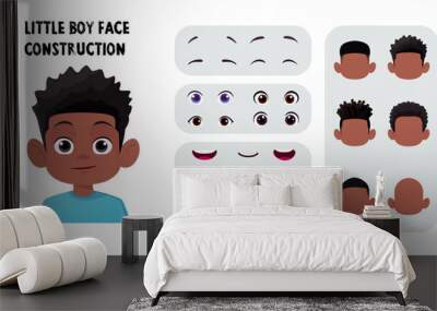 Black Cartoon Boy Face Construction, Child Avatar Maker with Afro Hair, Eyes and Mouth Premium Vector Wall mural