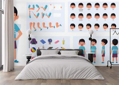 Boy Character Constructor with Gestures and Emotions. Child Side, Front, Rear View, with Body Parts for Animation and Lip-Sync Vector Illustration. Wall mural