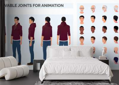 Casual Man Character Constructor for Animation, Cartoon Man Wearing Hoodie and Blue Jeans Character Creation with Front Side and Back View Wall mural