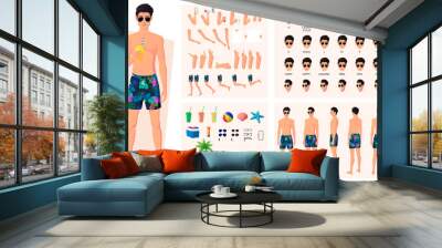 Character Constructor with Man Wearing Swim Trunks and Sun Glasses on Beach. Lip sync, hand Gestures, Emotions and Picnic Items Vector File Wall mural