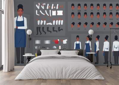 Chef Black Woman, Cook Character Construction and Animation Pack, Black Woman Wearing chef cloths and Hat, with blue Apron, Kitchen equipment, Food, Mouth Animation and Lip Sync Vector Illustration Wall mural