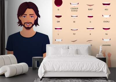 Man with strait shag hair mouth animation set and lip-syncing set, and hand gestures. Premium Vector File. Wall mural