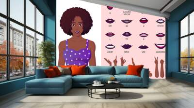 Mouth Animation and Lip Sync Creation. Beautiful African American Black Woman wearing Purple Dress with Curly Afro Hair. Wall mural