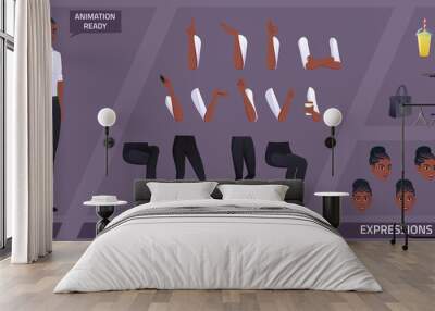 Stylized Casual Characters Set for Animation. Standing African American Woman with Various Emotions Wall mural