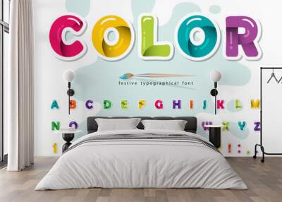 Cartoon modern colorful font. Creative paint ABC letters and numbers. Bright glossy alphabet. Paper cut out. For posters, banners, birthday cards. Vector Wall mural