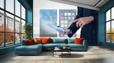 Man hand showing touch screen Wall mural