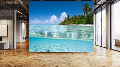 Lush tropical island with white sandy beach and sparkling clear waters under bright blue sky_034 Wall mural