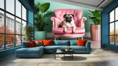 A cute pug dog sits on a pink tufted chair with a serene expression, flanked by two large green houseplants in stylish pots, against a soft teal wall background. Wall mural