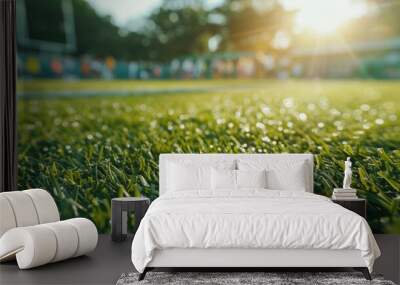 American football stadium close-up with green grass field, blurred fans on swings, natural sunlight and bright clothing. Blurred fans at playground view Wall mural