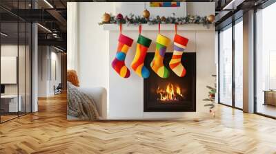 Bright, unconventional Christmas stockings and abstract ornaments, creating a fresh and modern holiday atmosphere in a contemporary living room. Christmas stockings, New Year Wall mural