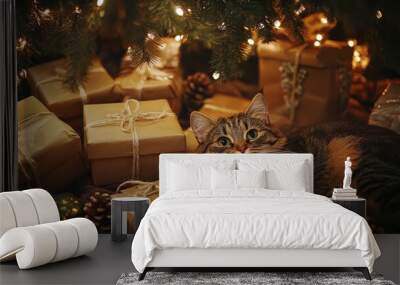 Christmas gifts wrapped in eco-friendly materials, sitting under a tree with a relaxed cat beside them, surrounded by pinecones, recycled paper, and warm lighting. Christmas, New Year Wall mural