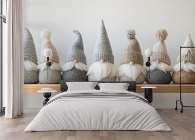 Cozy Scandinavian gnomes in neutral tones on wood shelf, softly lit to enhance natural textures and minimalist holiday style. Christmas Wall mural