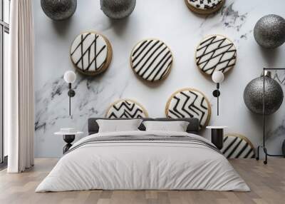 Elegant modern Christmas cookies with minimal frosting and geometric patterns, set against a sleek white marble background. Christmas cookies Wall mural