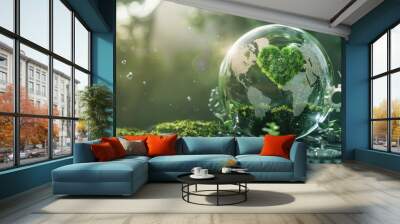 Transparent globe, green energy core and gears, representing the fusion of technology and sustainability for carbon reduction. Carbon footprint reduction technology Wall mural