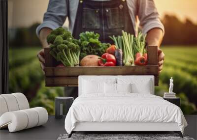 Farmer holding wooden box full of fresh raw vegetables. healthy food photography. close-up. product photo for restaurant. generative ai Wall mural