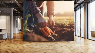 Farmer with a red and black checkered shirt. healthy food photography. close-up. product photo for restaurant. generative ai Wall mural