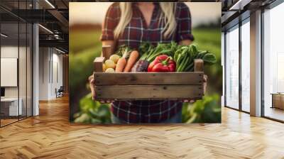 Female Farmer with a red and black checkered shirt. healthy food photography. close-up. product photo for restaurant. generative ai Wall mural