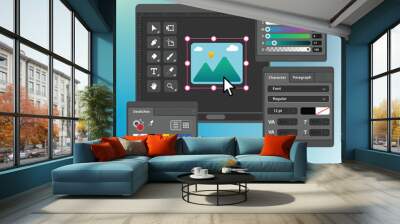 Vector graphics editor and design program software, dark mode interface application Wall mural