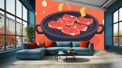 Korean Barbecue Grill Featuring Tasty Cooked Beef Slices Wall mural