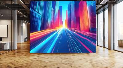 Speeding Light Trails On Narrow Street With Skyscrapers Wall mural