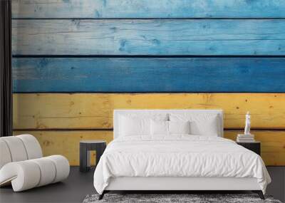 Vintage wooden wall with a blue and yellow design showcasing a minimal and timeless aesthetic Wall mural