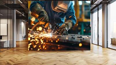 Skillful metal worker working with arc welding machine in factory while wearing safety equipment. Metalwork manufacturing and construction maintenance service by manual skill labor concept Wall mural