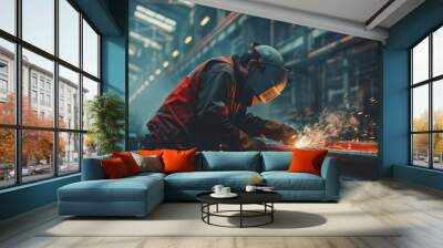 Skillful metal worker working with arc welding machine in factory while wearing safety equipment. Metalwork manufacturing and construction maintenance service by manual skill labor concept Wall mural