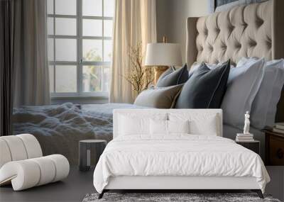 A bed with a white comforter and pillows, and a lamp on the nightstand Wall mural